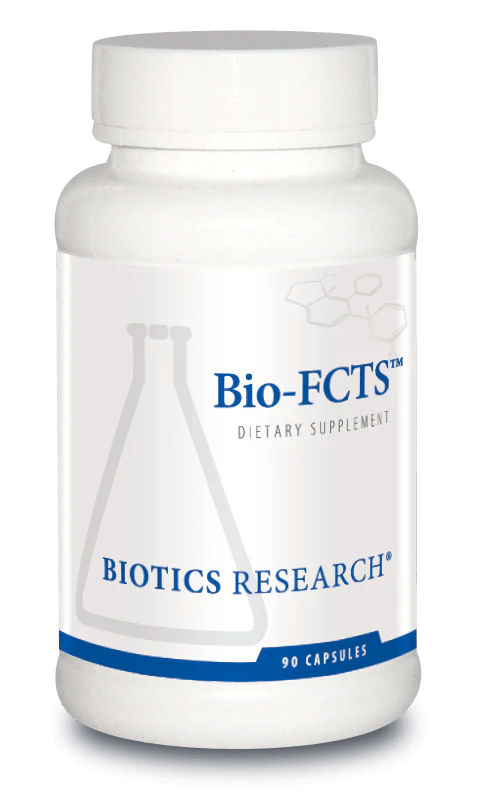 Biotics Research Bio-FCTS dietary supplement bottle featuring white packaging with blue accents, a laboratory beaker graphic, and a 90 capsules count.