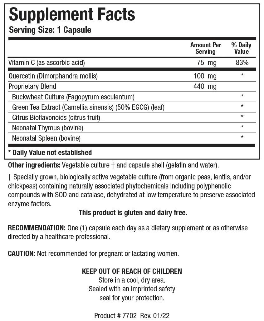 Supplement Facts label for Bio-FCTS showing a serving size of 1 capsule, containing Vitamin C, quercetin, and a 440 mg proprietary blend featuring buckwheat culture, green tea extract, citrus bioflavonoids, and glandular extracts.