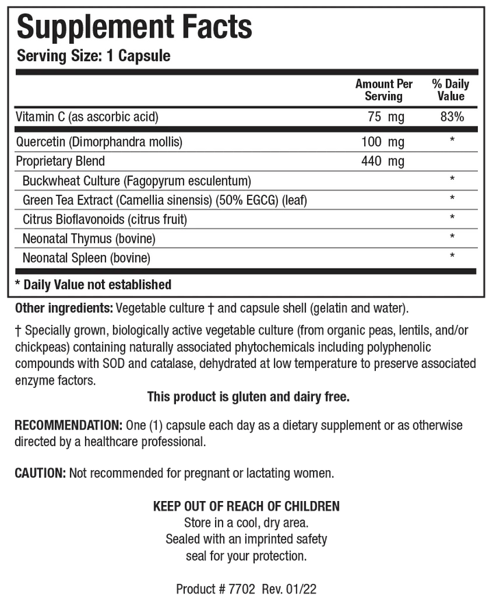Supplement Facts label for Bio-FCTS showing a serving size of 1 capsule, containing Vitamin C, quercetin, and a 440 mg proprietary blend featuring buckwheat culture, green tea extract, citrus bioflavonoids, and glandular extracts.