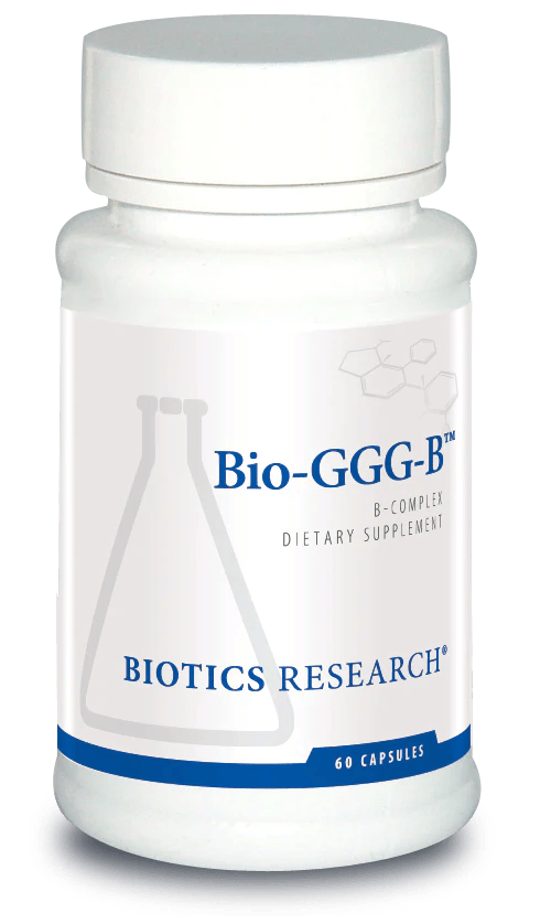 Biotics Research Bio-GGG-B B-complex dietary supplement bottle featuring white packaging with blue accents, a laboratory beaker graphic, and a 60 capsules count.
