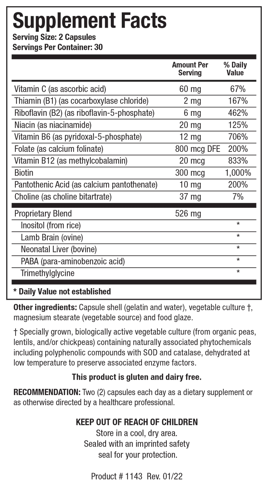Supplement Facts label for Bio-GGG-B showing a serving size of 2 capsules, containing Vitamin C, a range of B-vitamins, choline, and a 526 mg proprietary blend featuring inositol, glandular concentrates, PABA, and trimethylglycine.