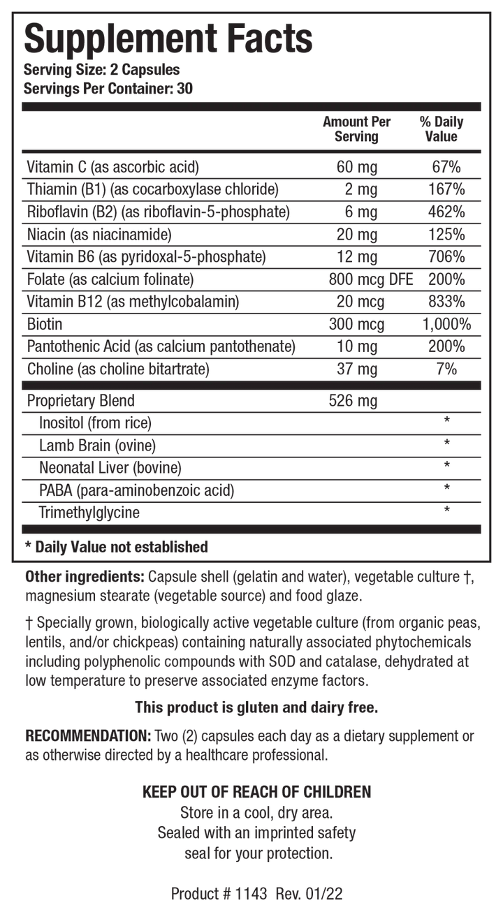 Supplement Facts label for Bio-GGG-B showing a serving size of 2 capsules, containing Vitamin C, a range of B-vitamins, choline, and a 526 mg proprietary blend featuring inositol, glandular concentrates, PABA, and trimethylglycine.