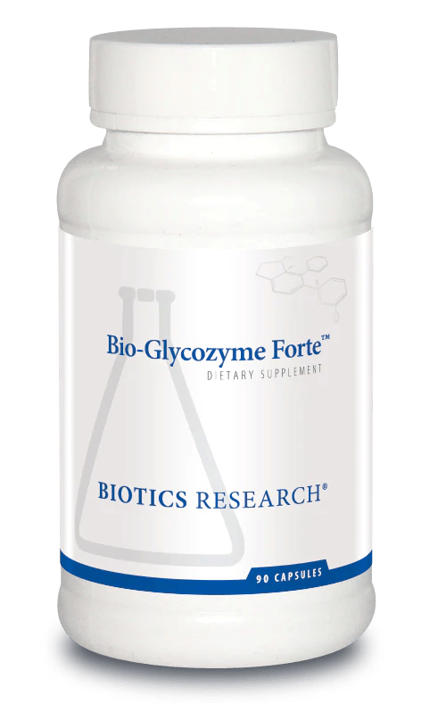 Biotics Research Bio-Glycozyme Forte dietary supplement bottle featuring white packaging with blue accents, a laboratory beaker graphic, and a 90 capsules count