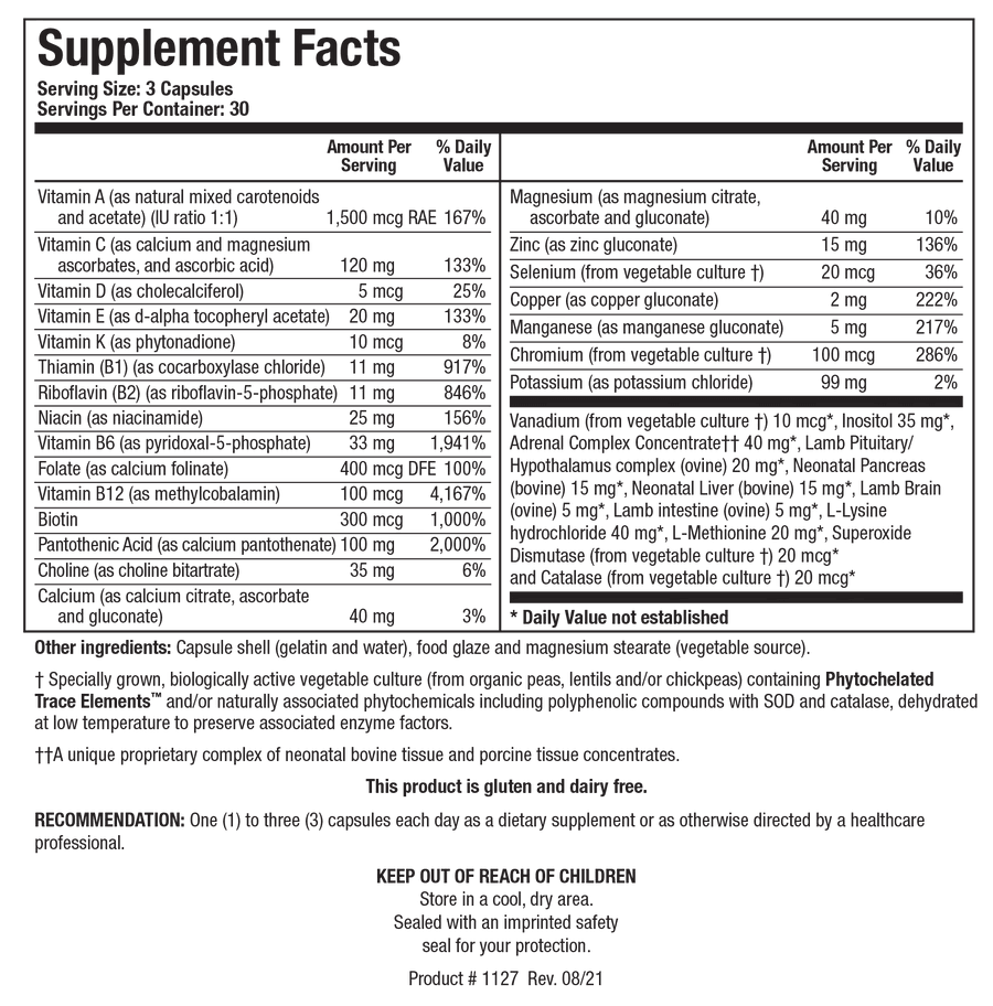 Supplement Facts label for Bio-Glycozyme Forte showing a serving size of 3 capsules, containing multiple vitamins, essential minerals, glandular and tissue concentrates, amino acids, and a specially grown vegetable culture with Phytochelated Trace Elements