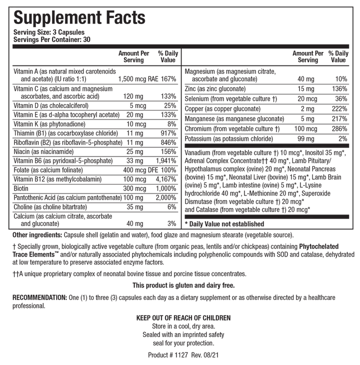 Supplement Facts label for Bio-Glycozyme Forte showing a serving size of 3 capsules, containing multiple vitamins, essential minerals, glandular and tissue concentrates, amino acids, and a specially grown vegetable culture with Phytochelated Trace Elements