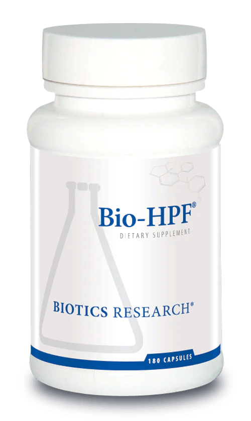 Biotics Research Bio-HPF dietary supplement bottle featuring white packaging with blue accents, a laboratory beaker graphic, and a 180 capsules count.