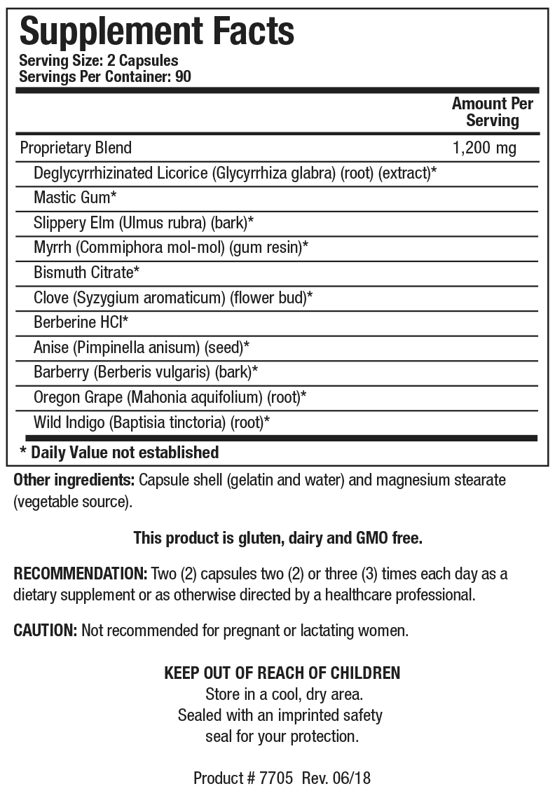 Supplement Facts label for Bio-HPF showing a serving size of 2 capsules with a 1,200 mg proprietary blend containing deglycyrrhizinated licorice, mastic gum, slippery elm, and various botanical and mineral ingredients.