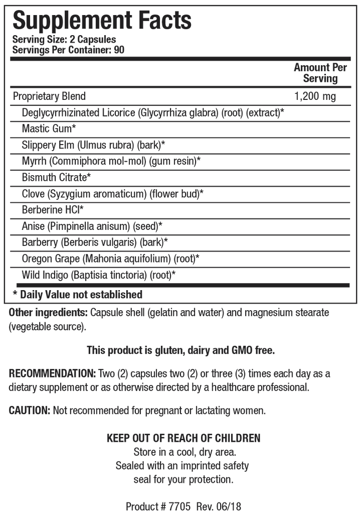 Supplement Facts label for Bio-HPF showing a serving size of 2 capsules with a 1,200 mg proprietary blend containing deglycyrrhizinated licorice, mastic gum, slippery elm, and various botanical and mineral ingredients.