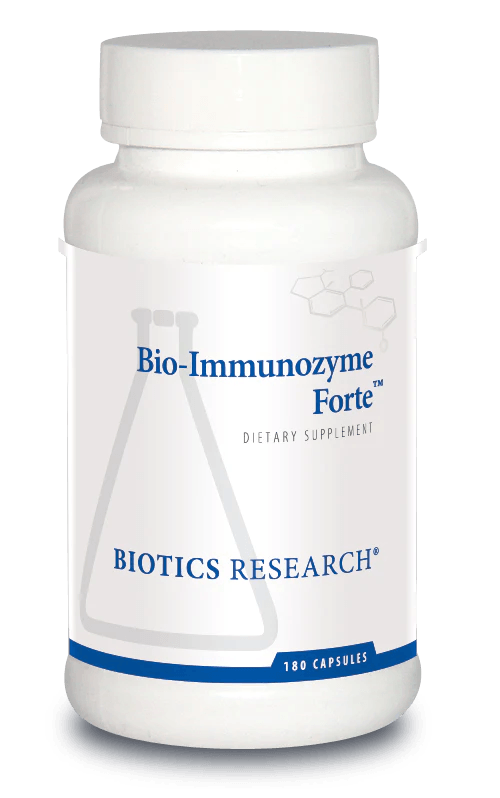 Biotics Research Bio-Immunozyme Forte dietary supplement bottle featuring white packaging with blue accents, a laboratory beaker graphic, and a 180 capsules count