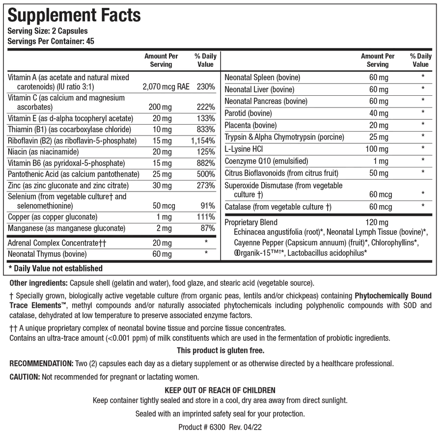 Supplement Facts label for Bio-Immunozyme Forte showing a serving size of 2 capsules, containing vitamins, minerals, glandular concentrates, enzymes, amino acids, and a proprietary blend with immune and botanical highlights.