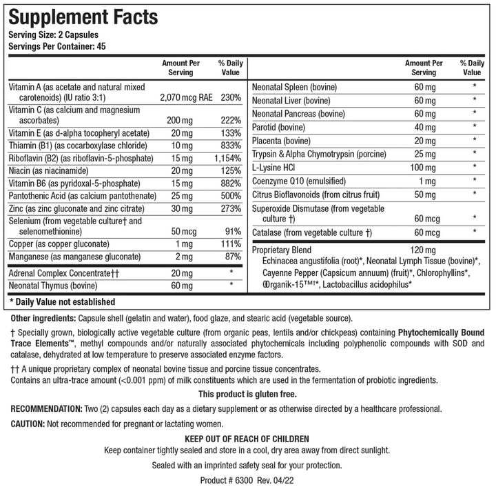 Supplement Facts label for Bio-Immunozyme Forte showing a serving size of 2 capsules, containing vitamins, minerals, glandular concentrates, enzymes, amino acids, and a proprietary blend with immune and botanical highlights.