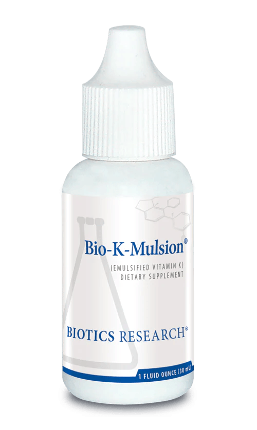 Biotics Research Bio-K-Mulsion emulsified vitamin K dietary supplement dropper bottle featuring white packaging with blue accents, a laboratory beaker graphic, and a 1 fluid ounce (30 mL) size.