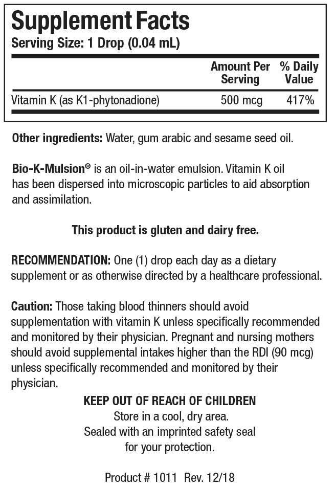 Supplement Facts label for Bio-K-Mulsion showing a serving size of 1 drop (0.04 mL) containing 500 mcg of Vitamin K as K1-phytonadione (417% DV), along with other ingredients like water, gum arabic, and sesame seed oil.