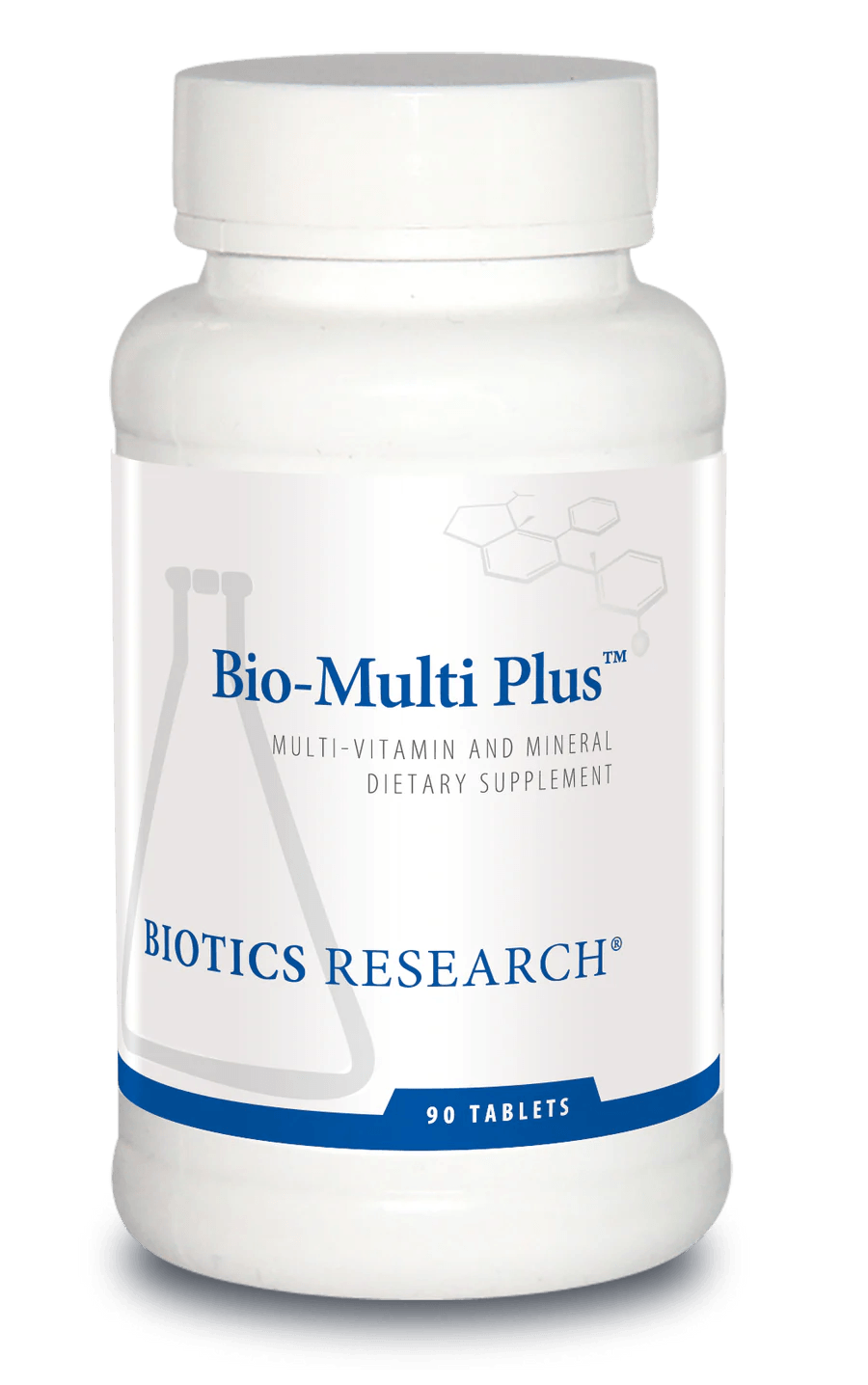 Biotics Research Bio-Multi Plus multi-vitamin and mineral dietary supplement bottle featuring white packaging with blue accents, a laboratory beaker graphic, and a 90 tablets count