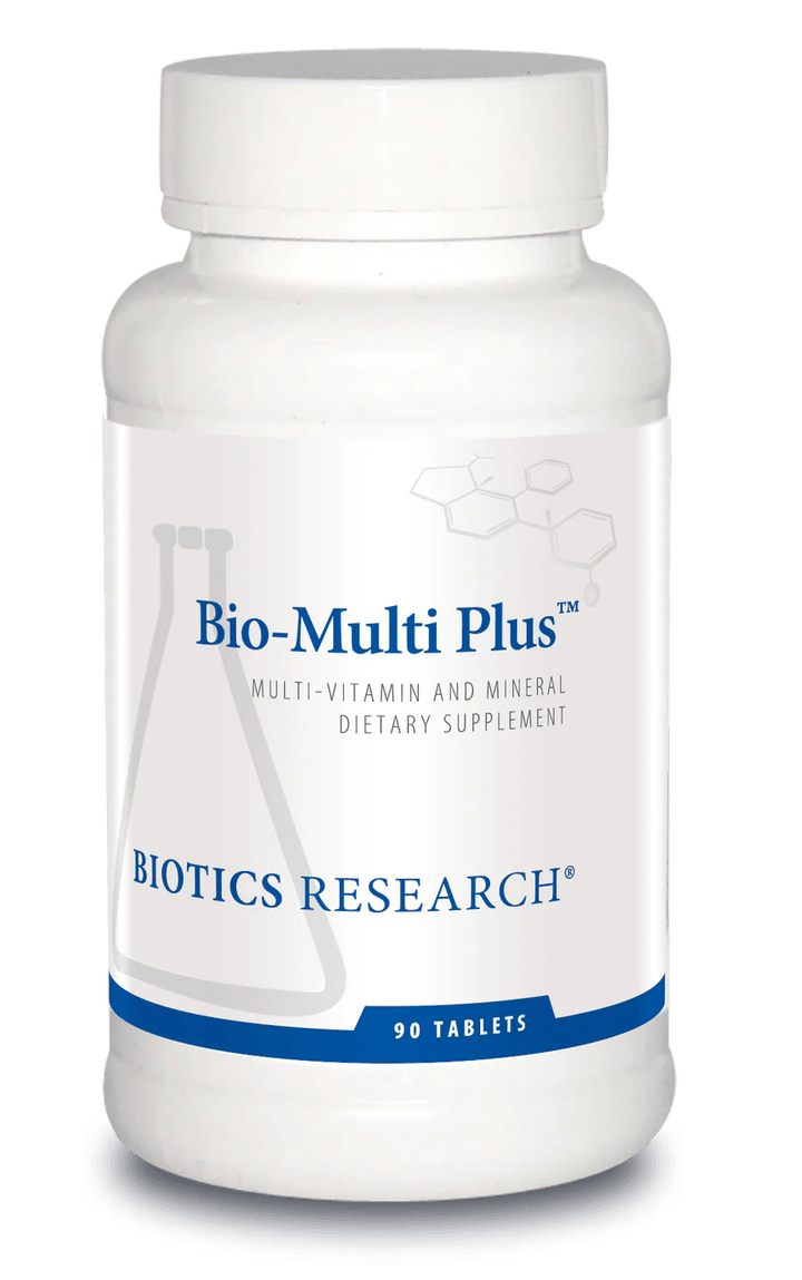 Biotics Research Bio-Multi Plus multi-vitamin and mineral dietary supplement bottle featuring white packaging with blue accents, a laboratory beaker graphic, and a 90 tablets count