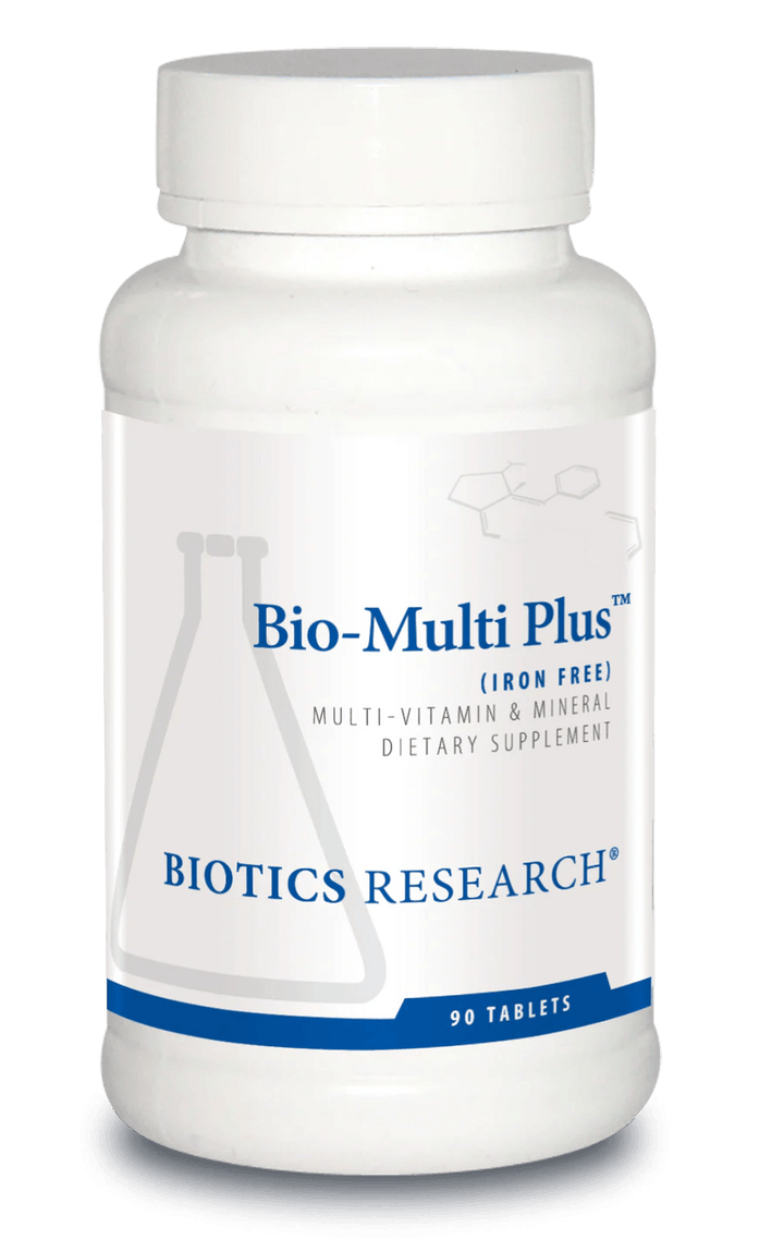 Biotics Research Bio-Multi Plus Iron Free multi-vitamin and mineral dietary supplement bottle featuring white packaging with blue accents, a laboratory beaker graphic, and a 90 tablets count.