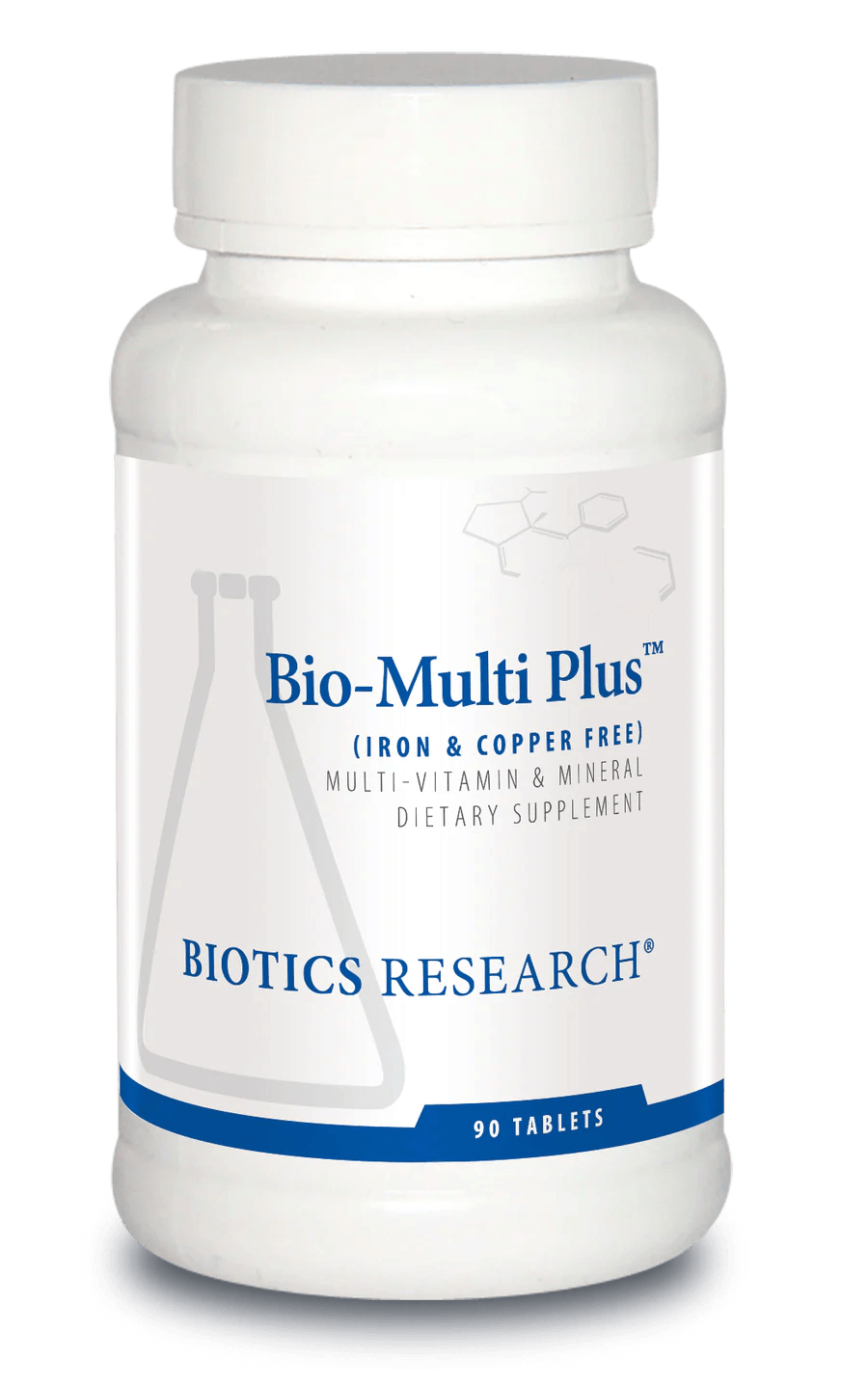 Biotics Research Bio-Multi Plus Iron &amp; Copper Free multi-vitamin and mineral dietary supplement bottle featuring white packaging with blue accents, a laboratory beaker graphic, and a 90 tablets count.