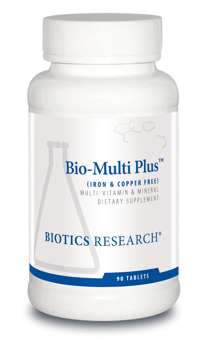 Biotics Research Bio-Multi Plus Iron &amp; Copper Free multi-vitamin and mineral dietary supplement bottle featuring white packaging with blue accents, a laboratory beaker graphic, and a 90 tablets count.