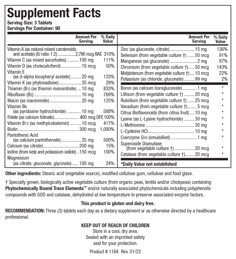 Supplement Facts label for Bio-Multi Plus (Iron & Copper Free) showing a serving size of 3 tablets, containing various vitamins, essential minerals, amino acids, Coenzyme Q10, and a specially grown vegetable culture with Phytochemically Bound Trace Elements