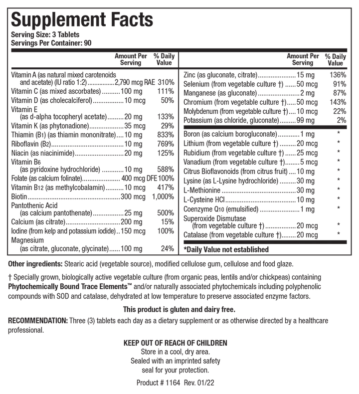 Supplement Facts label for Bio-Multi Plus (Iron &amp; Copper Free) showing a serving size of 3 tablets, containing various vitamins, essential minerals, amino acids, Coenzyme Q10, and a specially grown vegetable culture with Phytochemically Bound Trace Elements