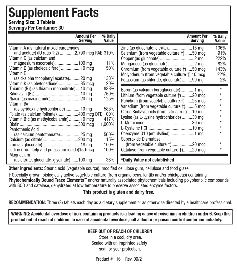 Supplement Facts label for Bio-Multi Plus showing a serving size of 3 tablets, containing essential vitamins, minerals including iron, amino acids, Coenzyme Q10, and a specially grown vegetable culture with Phytochemically Bound Trace Elements.