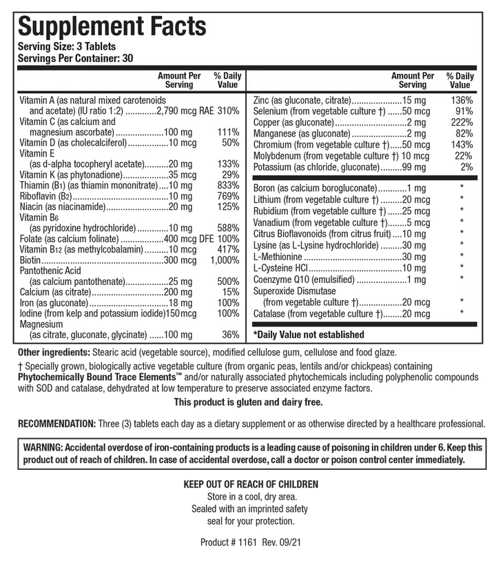 Supplement Facts label for Bio-Multi Plus showing a serving size of 3 tablets, containing essential vitamins, minerals including iron, amino acids, Coenzyme Q10, and a specially grown vegetable culture with Phytochemically Bound Trace Elements.