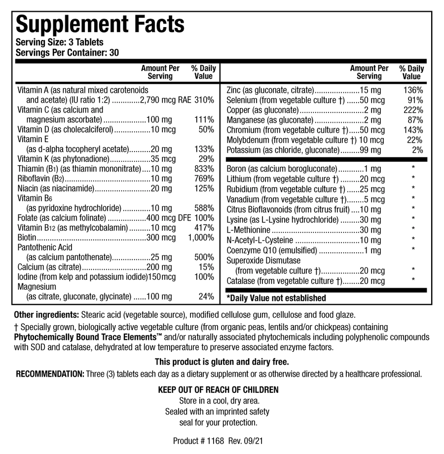 Supplement Facts label for Bio-Multi Plus (Iron Free) showing a serving size of 3 tablets, containing essential vitamins, minerals, and specialized vegetable culture components including Phytochemically Bound Trace Elements