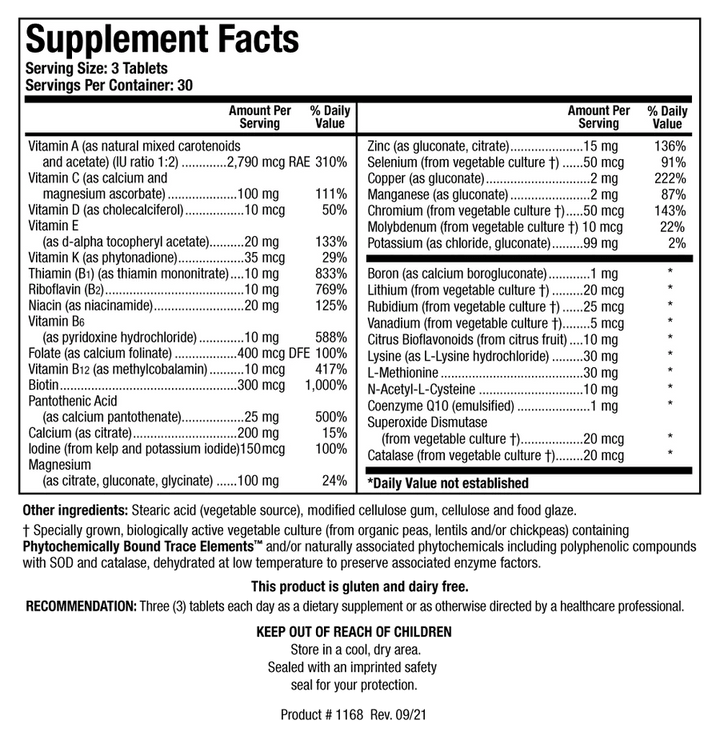 Supplement Facts label for Bio-Multi Plus (Iron Free) showing a serving size of 3 tablets, containing essential vitamins, minerals, and specialized vegetable culture components including Phytochemically Bound Trace Elements