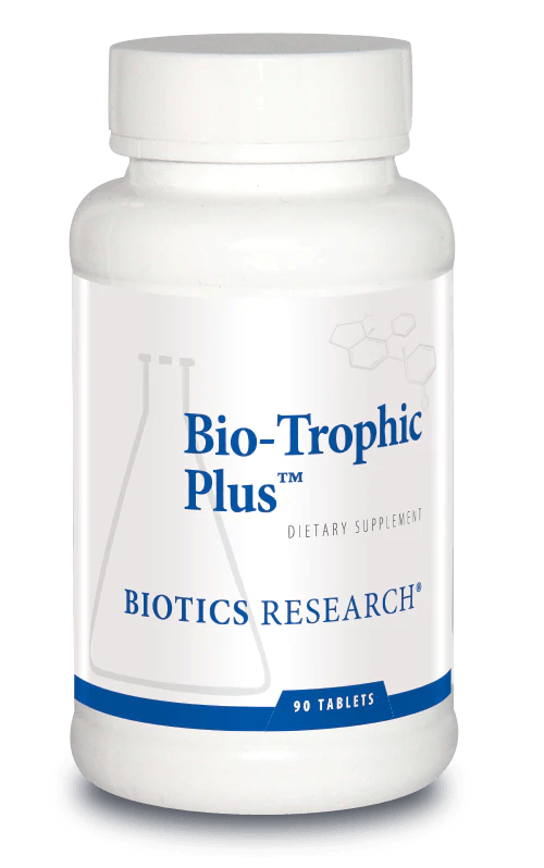 Biotics Research Bio-Trophic Plus dietary supplement bottle featuring white packaging with blue accents, a laboratory beaker graphic, and a 90 tablets count.