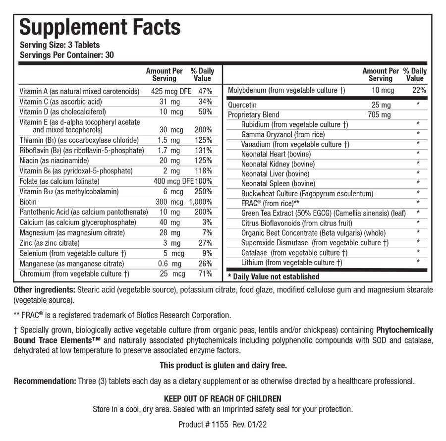 Supplement Facts label for Bio-Trophic Plus showing a serving size of 3 tablets, containing various vitamins, minerals, a 705 mg proprietary blend with glandulars (heart, kidney, liver, spleen), and plant extracts like green tea and citrus bioflavonoids