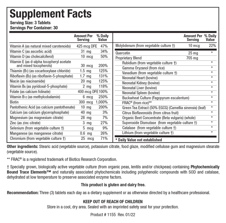 Supplement Facts label for Bio-Trophic Plus showing a serving size of 3 tablets, containing various vitamins, minerals, a 705 mg proprietary blend with glandulars (heart, kidney, liver, spleen), and plant extracts like green tea and citrus bioflavonoids