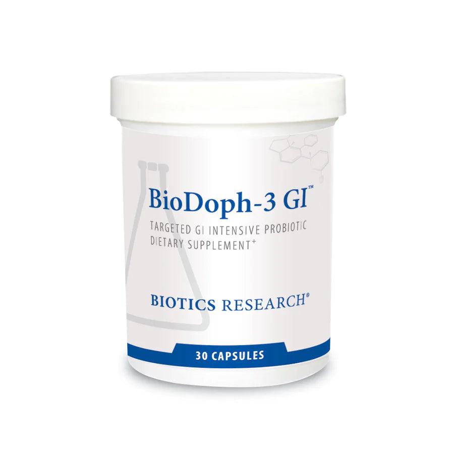 Biotics Research BioDoph-3 GI targeted GI intensive probiotic dietary supplement bottle featuring white packaging with blue accents, a laboratory beaker graphic, and a 30 capsules count.