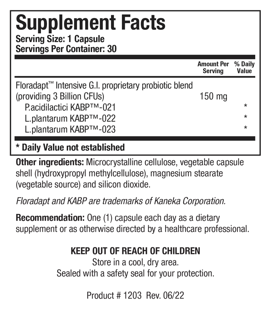 Supplement Facts label for BioDoph-3 GI showing a serving size of 1 capsule, containing a 150 mg Floradapt Intensive G.I. proprietary probiotic blend providing 3 Billion CFUs of P. acidilactici KABP-021, L. plantarum KABP-022, and L. plantarum KABP-023