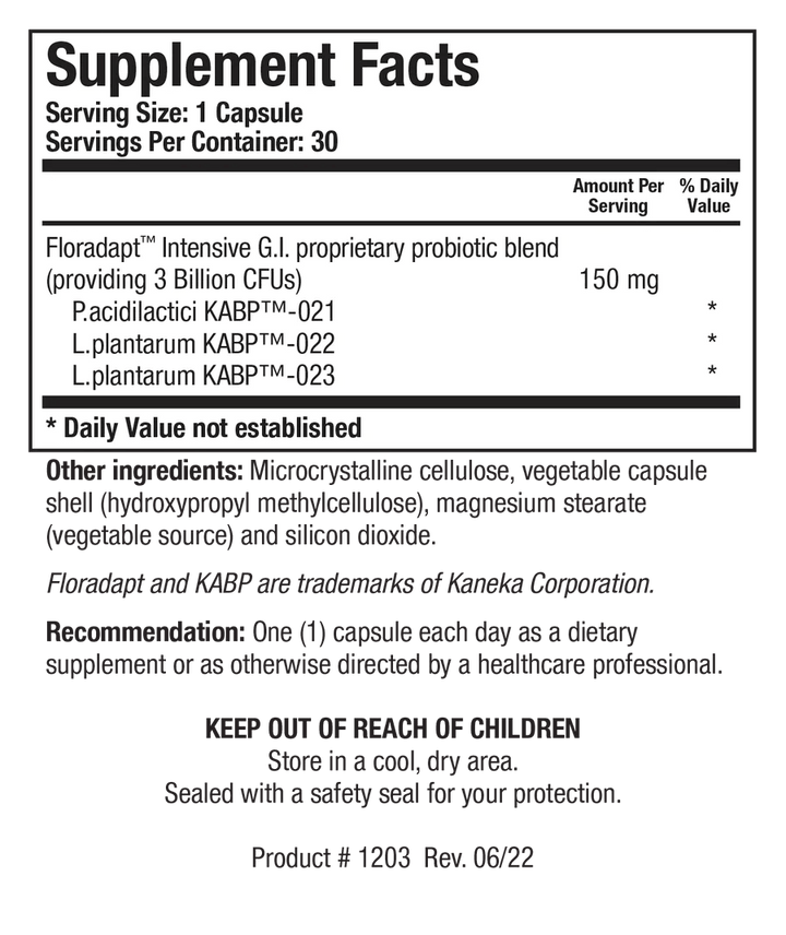 Supplement Facts label for BioDoph-3 GI showing a serving size of 1 capsule, containing a 150 mg Floradapt Intensive G.I. proprietary probiotic blend providing 3 Billion CFUs of P. acidilactici KABP-021, L. plantarum KABP-022, and L. plantarum KABP-023