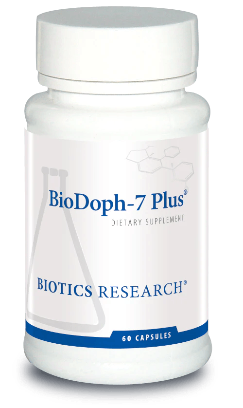 Biotics Research BioDoph-7 Plus dietary supplement bottle featuring white packaging with blue accents, a laboratory beaker graphic, and a 60 capsules count.