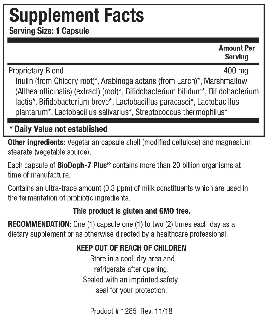 Supplement Facts label for BioDoph-7 Plus showing a serving size of 1 capsule, containing a 400 mg proprietary blend of inulin, arabinogalactans, marshmallow root extract, and multiple probiotic strains including Bifidobacterium and Lactobacillus