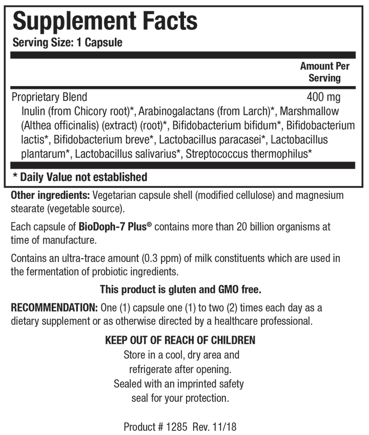 Supplement Facts label for BioDoph-7 Plus showing a serving size of 1 capsule, containing a 400 mg proprietary blend of inulin, arabinogalactans, marshmallow root extract, and multiple probiotic strains including Bifidobacterium and Lactobacillus