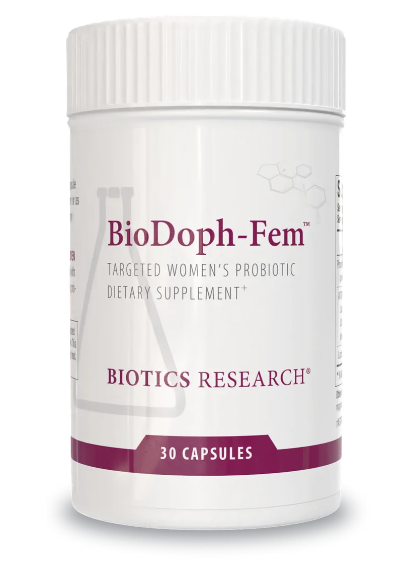 Biotics Research BioDoph-Fem targeted women's probiotic dietary supplement bottle featuring white packaging with maroon accents, chemical structure graphics, and a 30 capsules count.