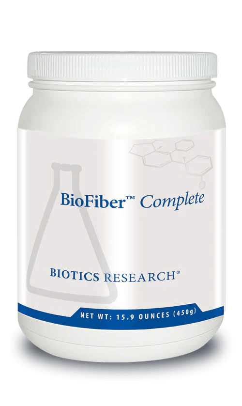 Biotics Research BioFiber Complete dietary supplement container featuring white packaging with blue accents, a laboratory beaker graphic, and a net weight of 15.9 ounces (450g)