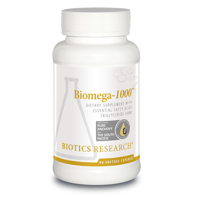 Biotics Research Biomega-1000 dietary supplement bottle featuring white packaging with gold accents, essential fatty acids in triglyceride form, pure anchovy from the South Pacific marine source, and a 90 softgel capsules count