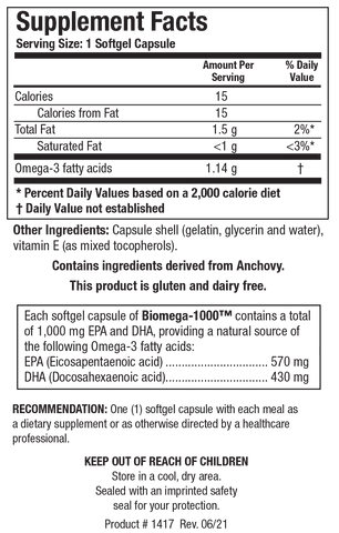 Supplement Facts label for Biomega-1000 showing a serving size of 1 softgel capsule, containing 15 calories, 1.5 g of total fat, 1.14 g of Omega-3 fatty acids including 570 mg of EPA and 430 mg of DHA derived from anchovy.