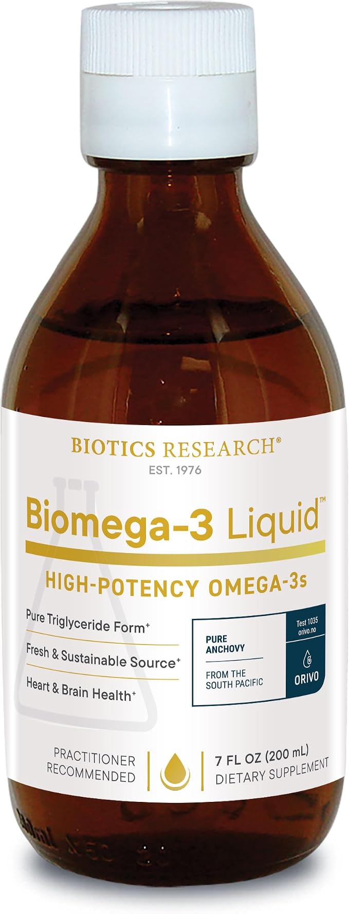 Biotics Research Biomega-3 Liquid dietary supplement amber glass bottle featuring high-potency Omega-3s in pure triglyceride form, sourced from pure anchovy from the South Pacific, practitioner recommended, and a 7 fl oz (200 mL) volume count.