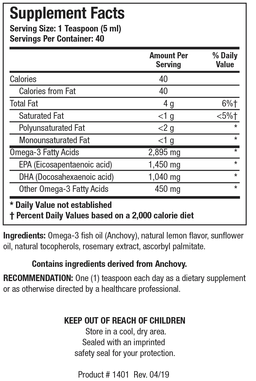 Supplement Facts label for Biomega-3 Liquid showing a serving size of 1 teaspoon (5 mL) with 40 calories, 4 g of total fat, 2,895 mg of Omega-3 fatty acids including 1,450 mg of EPA and 1,040 mg of DHA derived from anchovy
