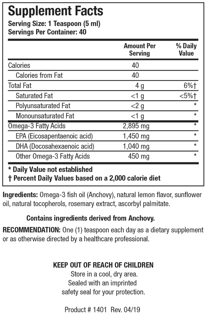Supplement Facts label for Biomega-3 Liquid showing a serving size of 1 teaspoon (5 mL) with 40 calories, 4 g of total fat, 2,895 mg of Omega-3 fatty acids including 1,450 mg of EPA and 1,040 mg of DHA derived from anchovy