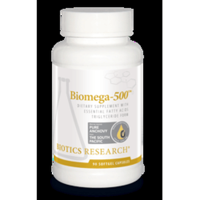 Biotics Research Biomega-500 dietary supplement bottle featuring white packaging with gold accents, essential fatty acids in triglyceride form, pure anchovy from the South Pacific marine source, and a 90 softgel capsules count.