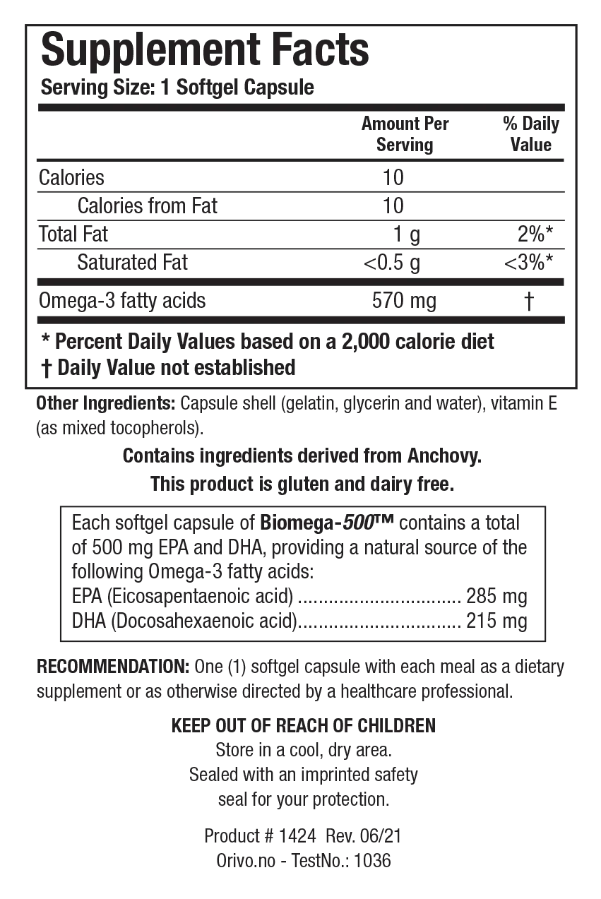 Supplement Facts label for Biomega-500 showing a serving size of 1 softgel capsule, containing 10 calories, 1 g of total fat, 570 mg of Omega-3 fatty acids including 285 mg of EPA and 215 mg of DHA derived from anchovy.