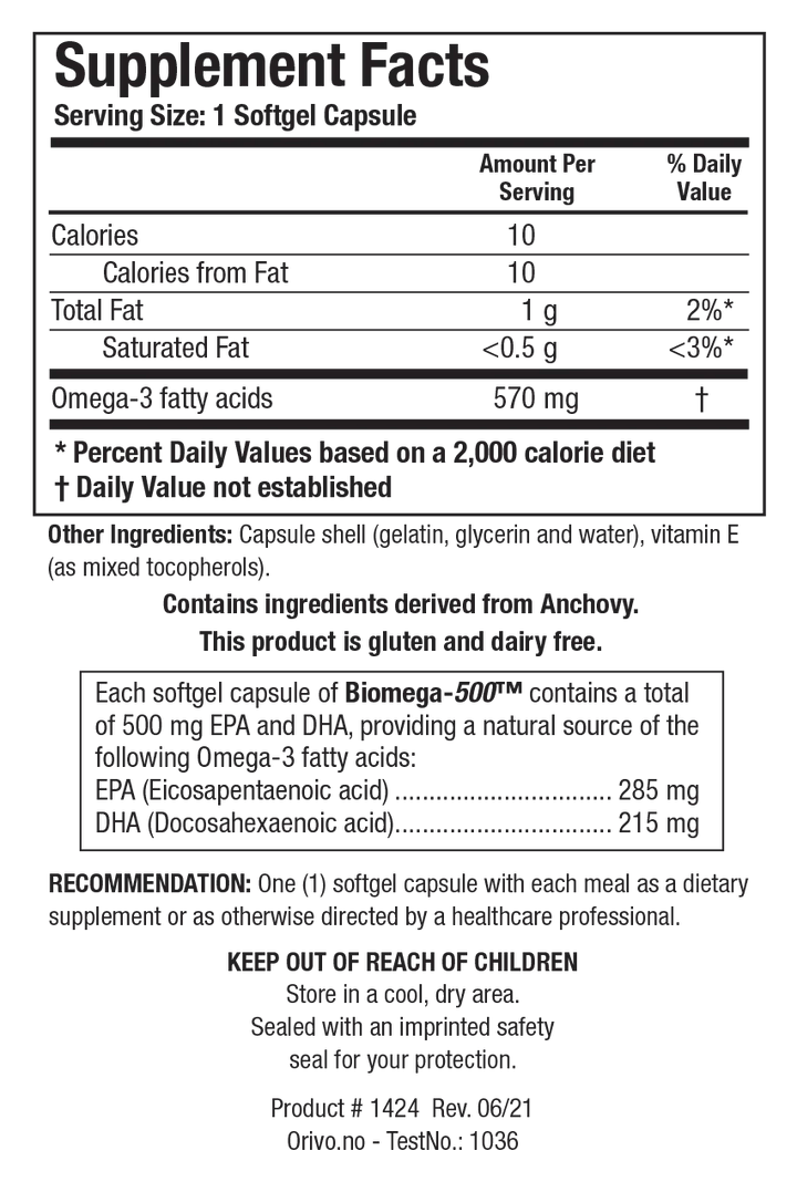 Supplement Facts label for Biomega-500 showing a serving size of 1 softgel capsule, containing 10 calories, 1 g of total fat, 570 mg of Omega-3 fatty acids including 285 mg of EPA and 215 mg of DHA derived from anchovy.