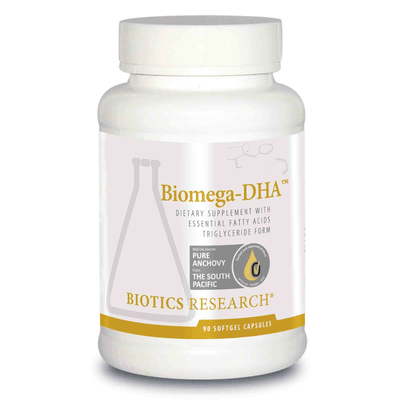 Biotics Research Biomega-DHA dietary supplement bottle featuring white packaging with gold accents, essential fatty acids in triglyceride form, pure anchovy from the South Pacific marine source, and a 90 softgel capsules count.