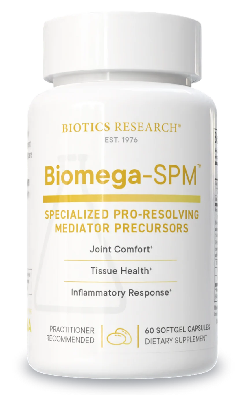 Biotics Research Biomega-SPM dietary supplement bottle featuring white packaging with gold accents, practitioner recommended label, specialized pro-resolving mediator precursors, benefits including joint comfort, tissue health, and inflammatory response, and a 60 softgel capsules count