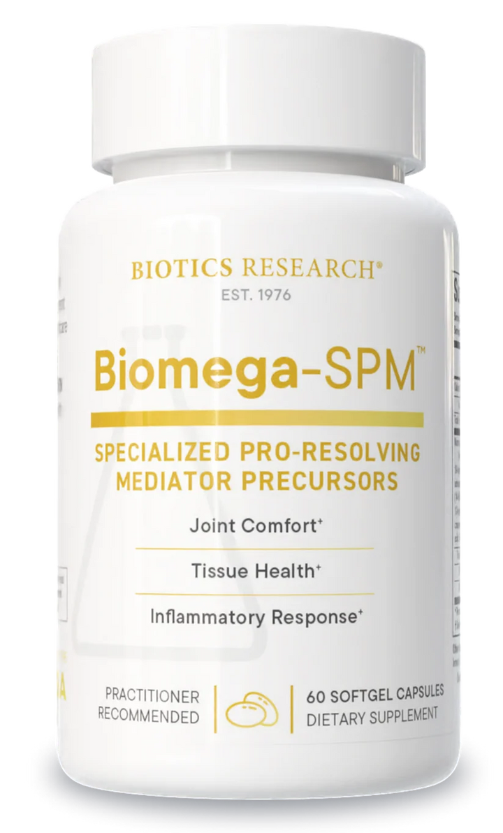 Biotics Research Biomega-SPM dietary supplement bottle featuring white packaging with gold accents, practitioner recommended label, specialized pro-resolving mediator precursors, benefits including joint comfort, tissue health, and inflammatory response, and a 60 softgel capsules count